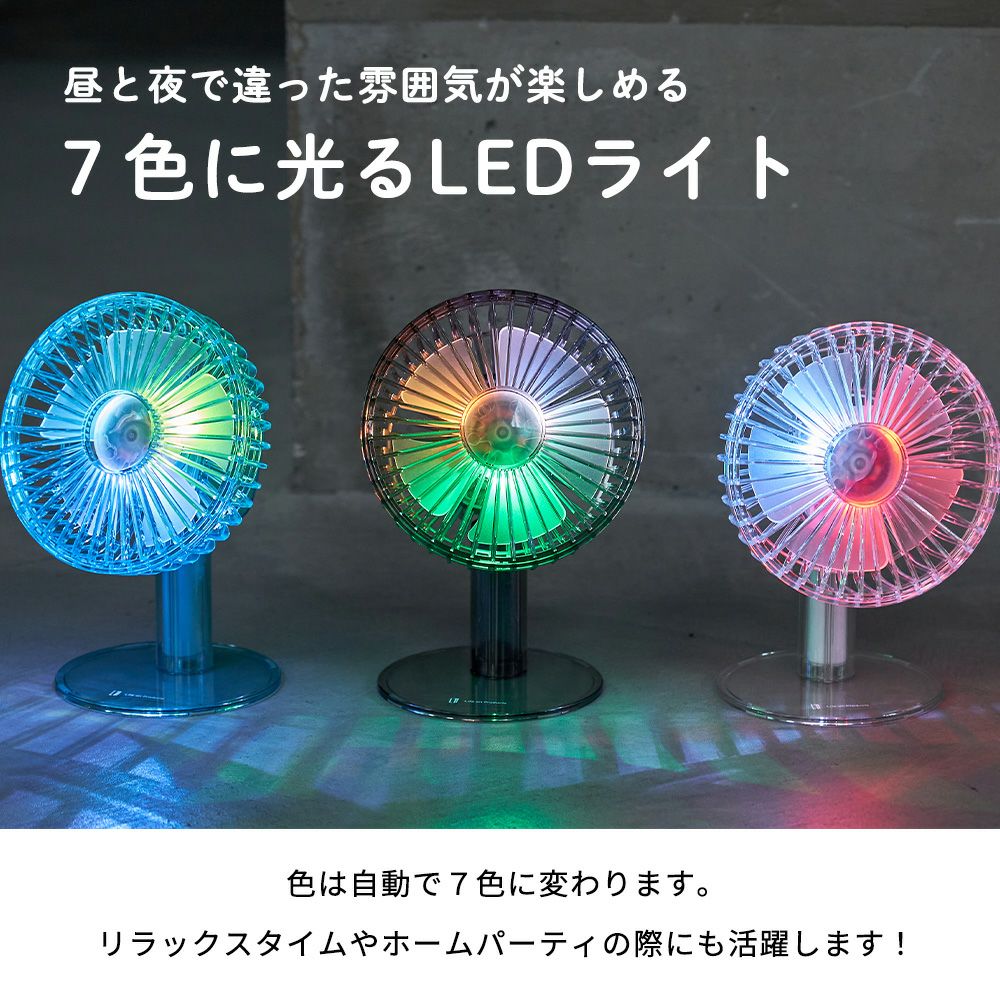 クリアデスクファン 首振り機能付 扇風機 LEDライト付 LCAF029