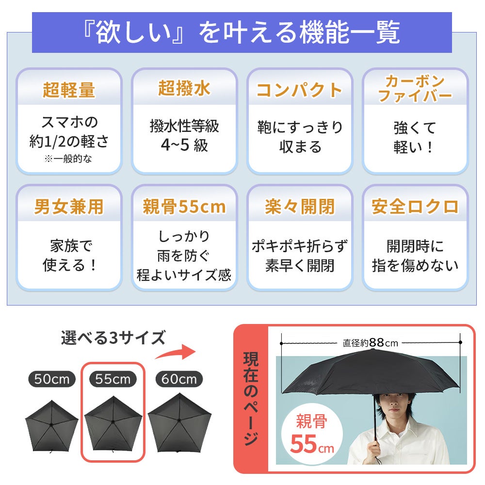 超軽量カーボン 雨傘 折りたたみ 親骨55cm U.Light～pocket+ raku